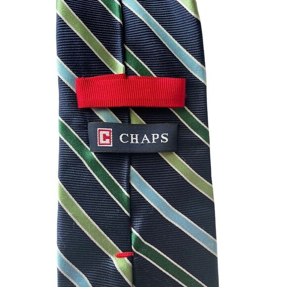 CHAPS Ralph Lauren Silk Repp Tie Navy Blue Green Stripe Classic Career 3 3/8" - Picture 2 of 7